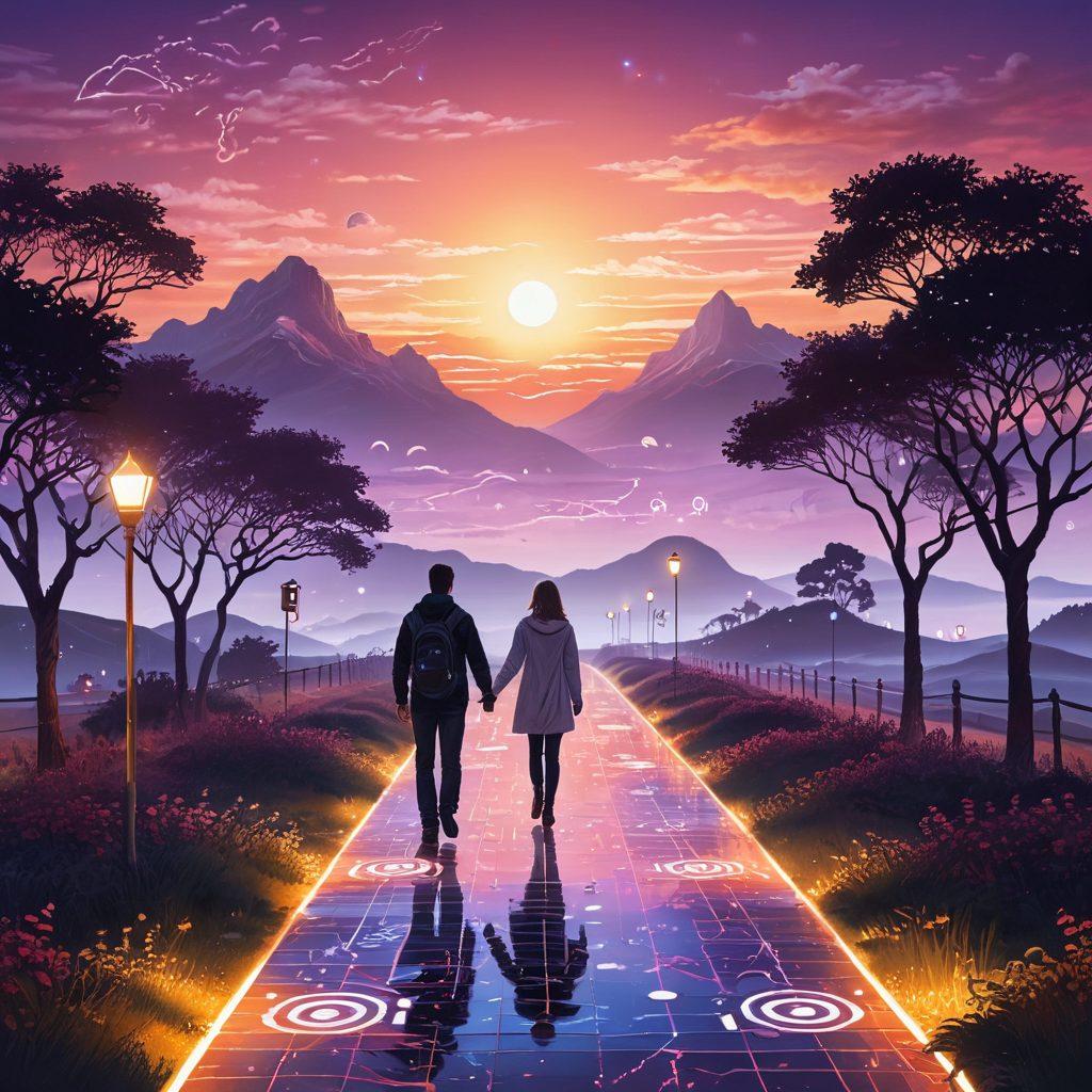 A serene landscape depicting a romantic journey featuring a couple walking hand-in-hand on a digital path made of circuit patterns, surrounded by floating icons representing internet privacy and Wi-Fi management. The background showcases a tranquil sunset, symbolizing the enhancement of technology, with soft glowing lights for a dreamy effect. Elements like security shields and Wi-Fi symbols can be subtly integrated into the scenery. vibrant colors. dreamy style. digital art.