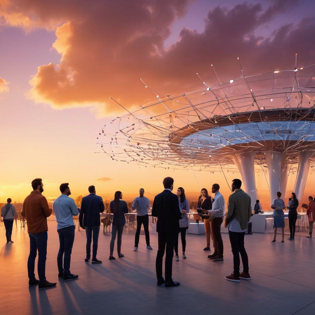 A vibrant gathering of diverse individuals engaged in discussions about wireless technology innovations, surrounded by imagery of antennas and signals symbolizing connectivity. A warm sunset casts an inviting glow over a tech-infused community space, illustrating the spirit of collaboration and passion. Incorporate elements of digital interfaces and community-driven solutions to enhance the narrative. super-realistic. warm colors. urban background.