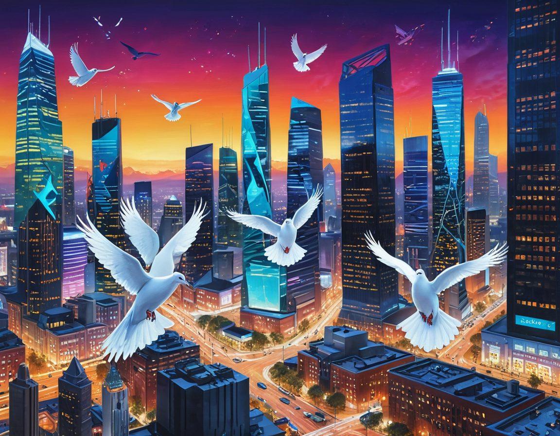 A stunning digital landscape showcasing a vibrant cityscape interconnected by glowing wireless signals, with people happily using open-source devices. Elements of freedom symbolized by flying doves and open gates amidst a backdrop of high-tech infrastructure. The atmosphere is bright and hopeful, illustrating the spirit of collaboration and innovation in wireless technology. super-realistic. vibrant colors. digital art.